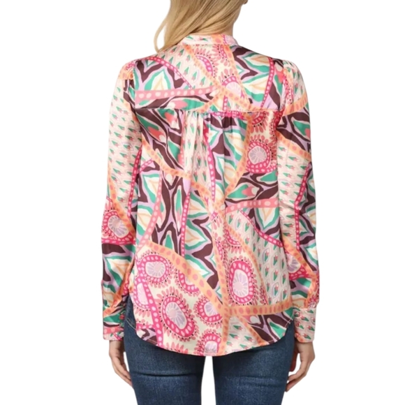 Fate Blouse Patterned Silky Button Up White/Green/Pink Sz S - Picture 3 of 7